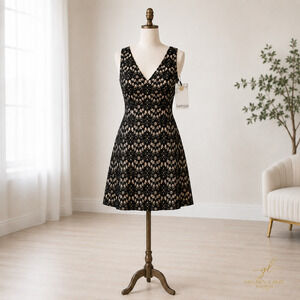 Kensie Lace Fit & Flare Mini Dress Womens 10 Black Nude Sleeveless NWT